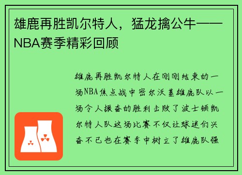 雄鹿再胜凯尔特人，猛龙擒公牛——NBA赛季精彩回顾