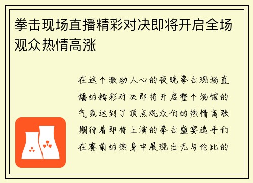 拳击现场直播精彩对决即将开启全场观众热情高涨