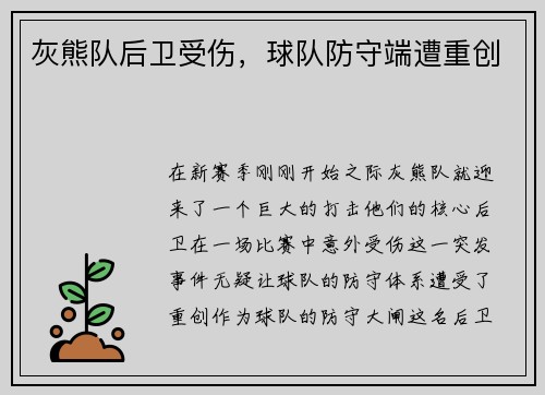 灰熊队后卫受伤，球队防守端遭重创