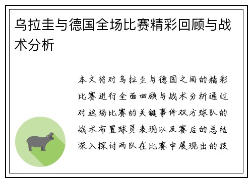 乌拉圭与德国全场比赛精彩回顾与战术分析